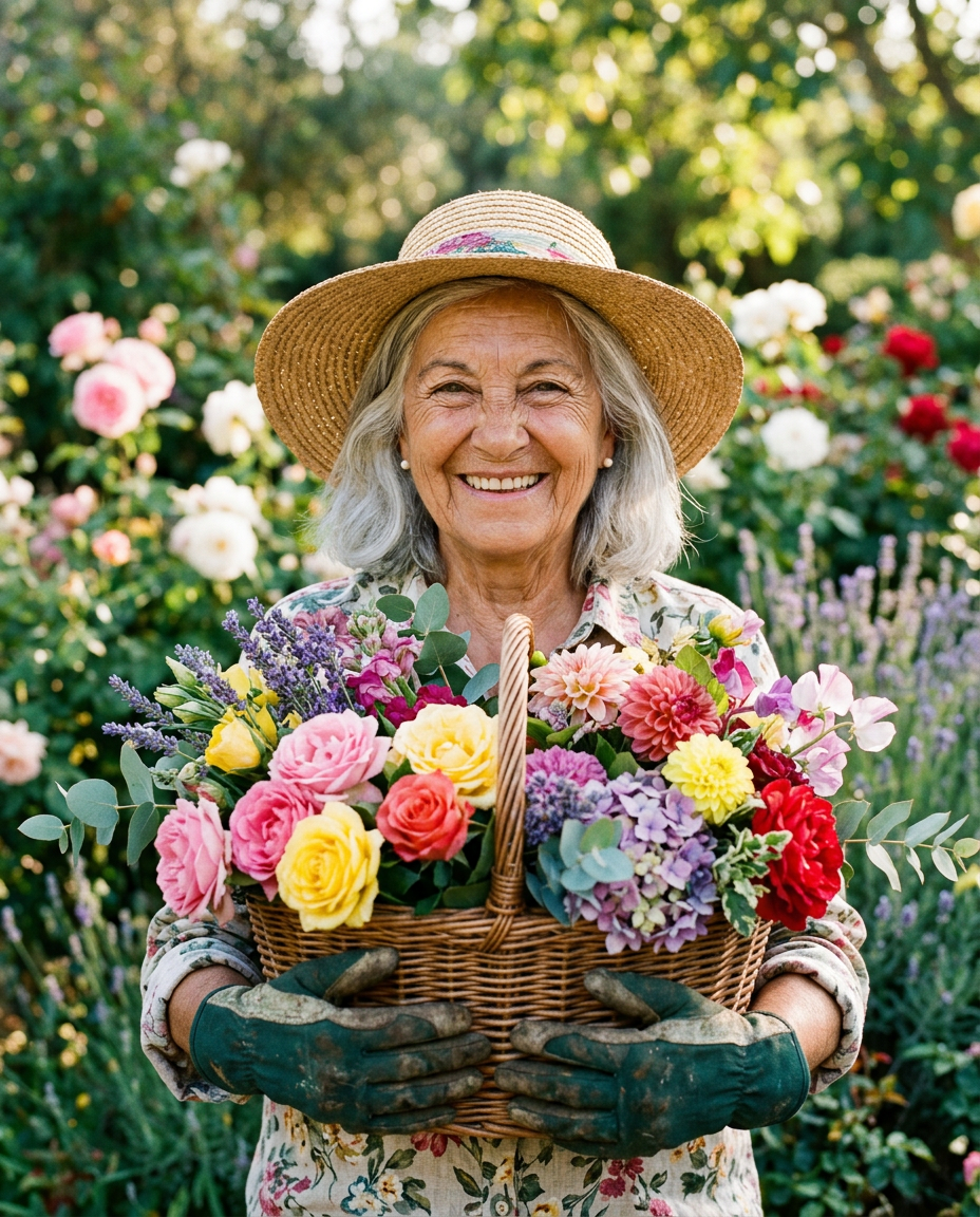 Persona mayor cuidando el jardín con flores de colores