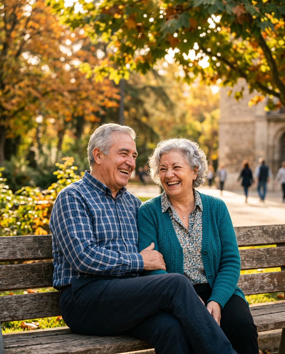 Pareja de personas mayores riendo juntas al aire libre